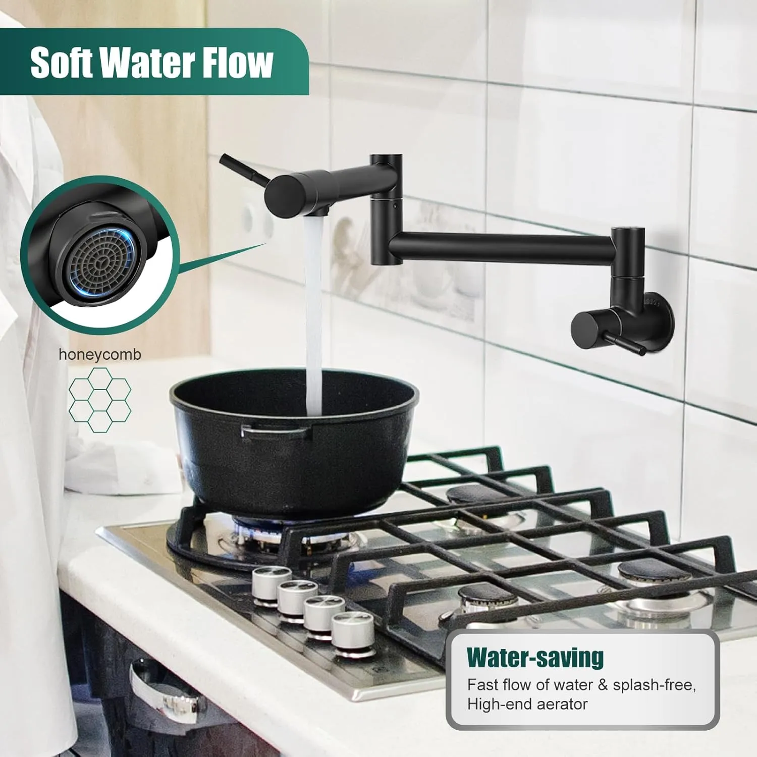 Tap Kitchen - Dual Swing Handle Arm Cloud-based Privacy-focused Black (Matte Filler Faucet SS304 Wall-Mounted Pot Finish)