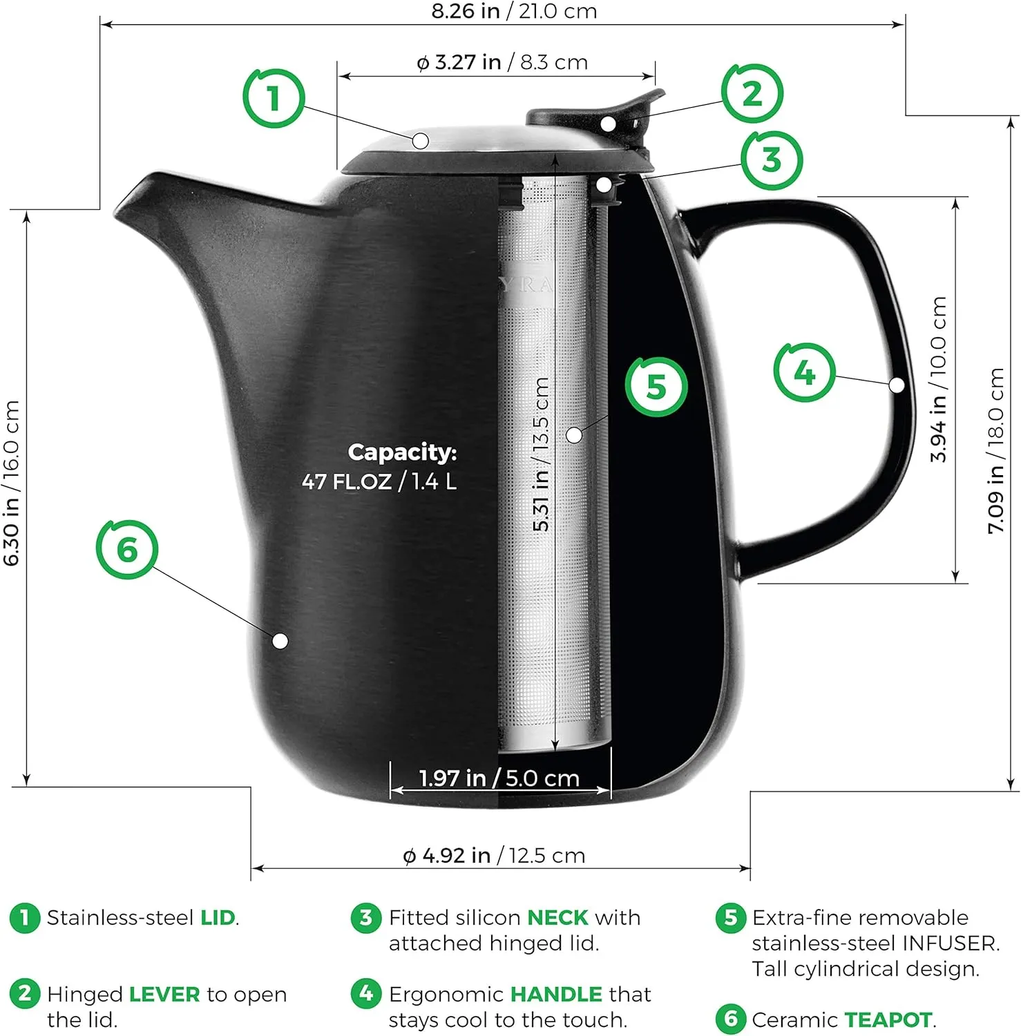 Tealyra - Daze Ceramic Large Teapot Black - 47-ounce (6-7 cups) - With Stainless Steel Lid Extra-Fine Infuser for Loose Leaf Tea - 1400ml