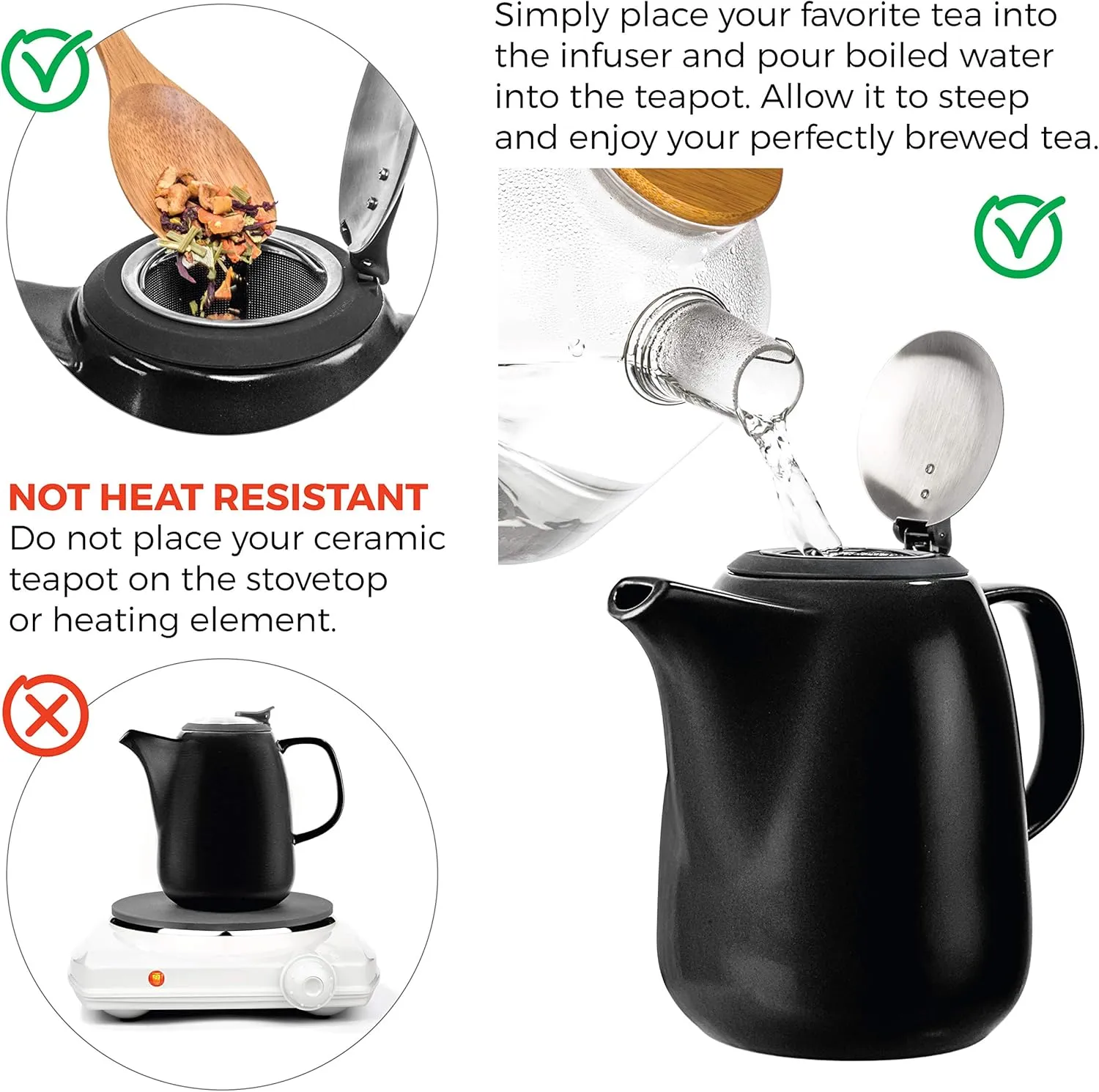 Tealyra - Daze Ceramic Large Teapot Black - 47-ounce (6-7 cups) - With Stainless Steel Lid Extra-Fine Infuser for Loose Leaf Tea - 1400ml