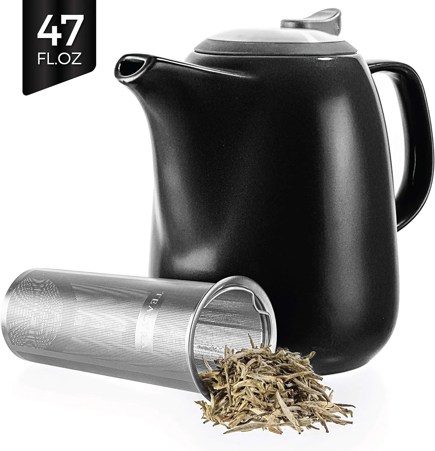 Tealyra - Daze Ceramic Large Teapot Black - 47-ounce (6-7 cups) - With Stainless Steel Lid Extra-Fine Infuser for Loose Leaf Tea - 1400ml