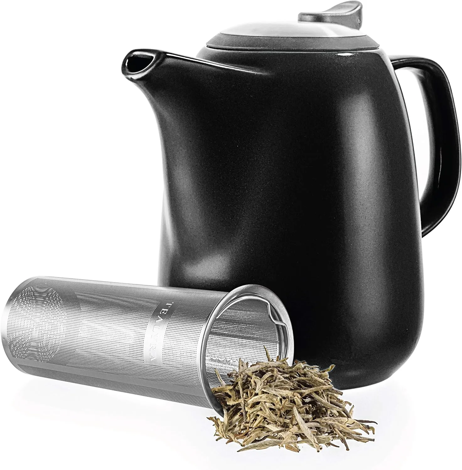 Tealyra - Daze Ceramic Large Teapot Black - 47-ounce (6-7 cups) - With Stainless Steel Lid Extra-Fine Infuser for Loose Leaf Tea - 1400ml