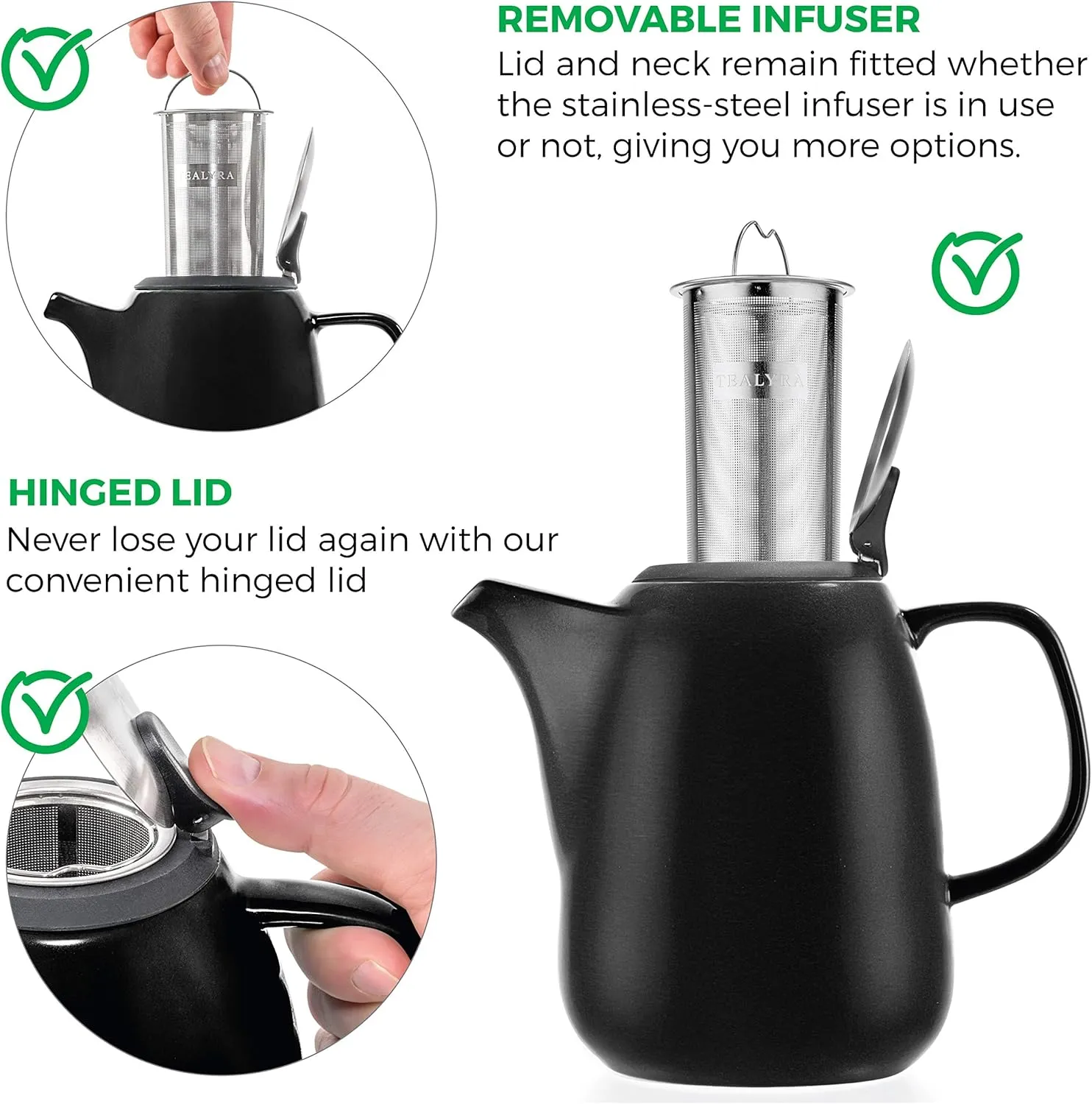 Tealyra - Daze Ceramic Large Teapot Black - 47-ounce (6-7 cups) - With Stainless Steel Lid Extra-Fine Infuser for Loose Leaf Tea - 1400ml