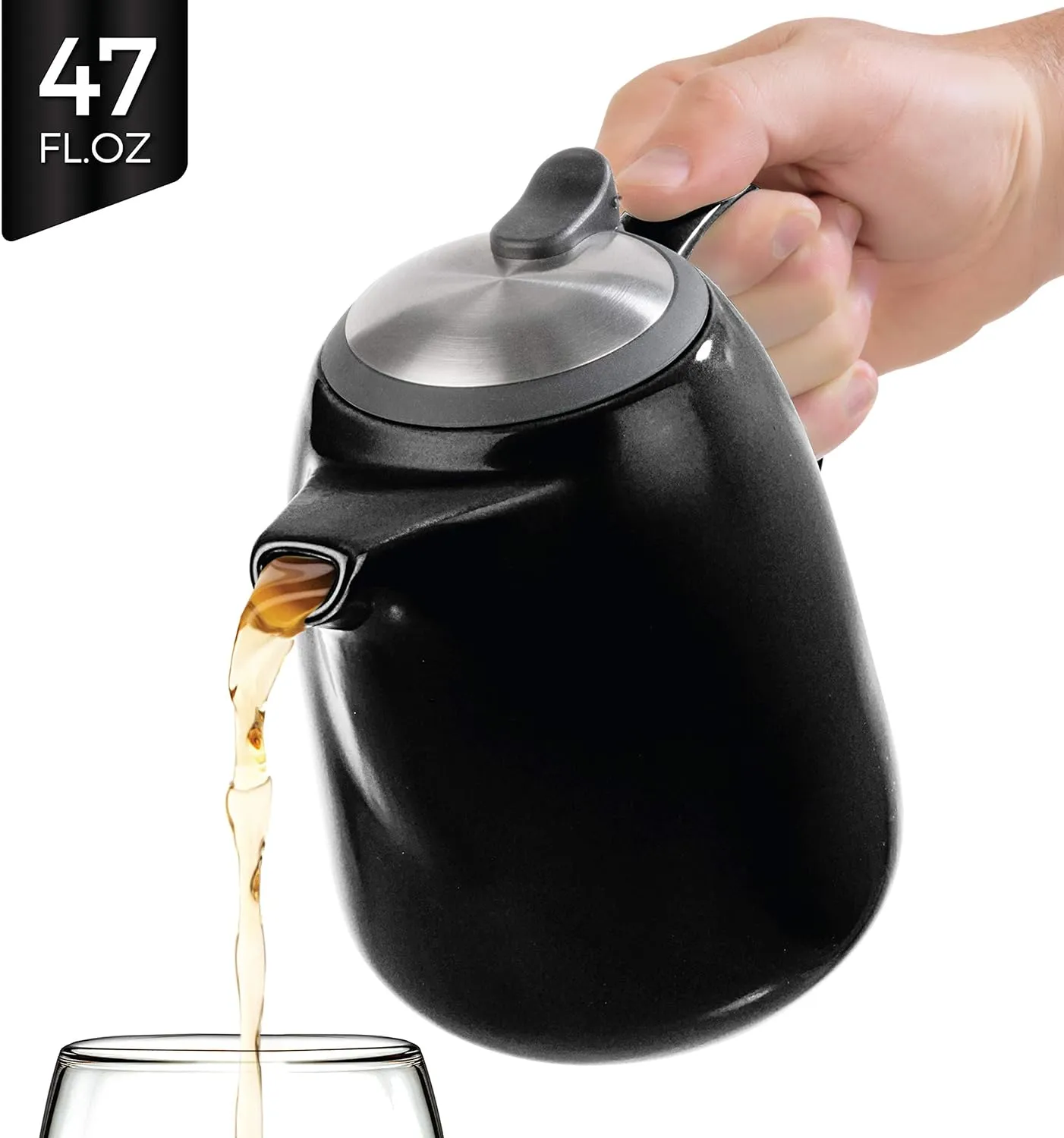 Tealyra - Daze Ceramic Large Teapot Black - 47-ounce (6-7 cups) - With Stainless Steel Lid Extra-Fine Infuser for Loose Leaf Tea - 1400ml