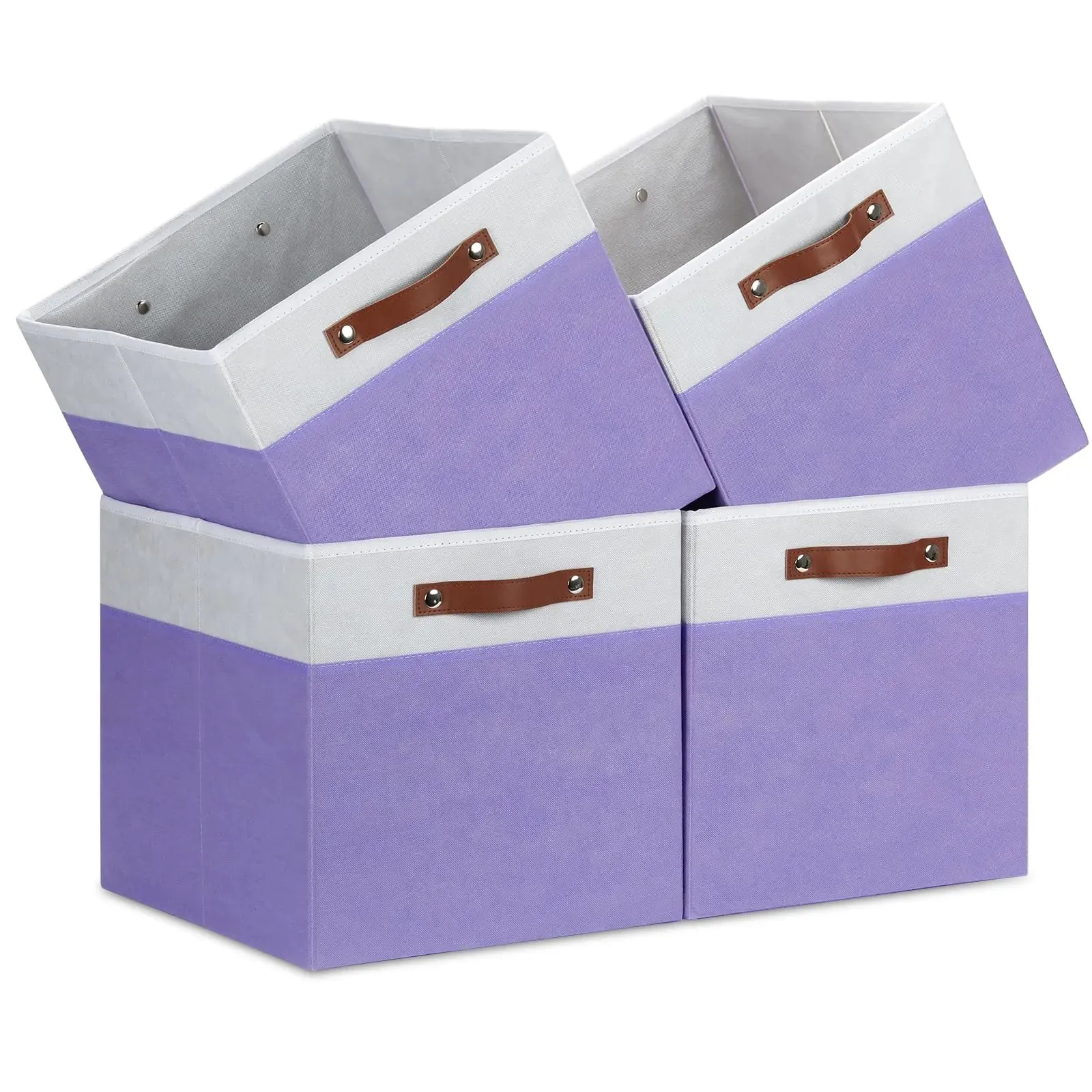 Temary Cube Storage Bins 4Pack Foldable Cube Baskets for Clothes Shelf Storage Basket with Handles Storage Box Fabric Storage Organizer Bins for Home (White&Purple 13x15x13 Inch)