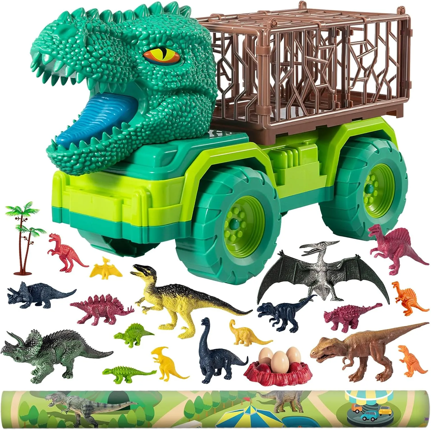 TEMI 25 in 1 Tyrannosaurus Kids Dinosaur Carrier Truck Set, Dinosaur Transport Car Toys for Kids 3-5 with Play Mat, 18 Dinosaur Figures, Eggs, Capture Dinosaurs Playset for 3 4 5 6 7  Year Old