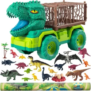 TEMI 25 in 1 Tyrannosaurus Kids Dinosaur Carrier Truck Set, Dinosaur Transport Car Toys for Kids 3-5 with Play Mat, 18 Dinosaur Figures, Eggs, Capture Dinosaurs Playset for 3 4 5 6 7  Year Old