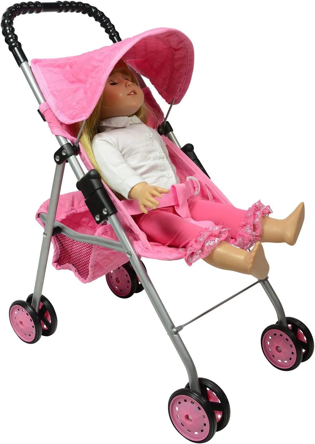 The New York Doll Collection My First Doll Stroller with Basket, Foldable Doll Stroller (Pink Quilted)