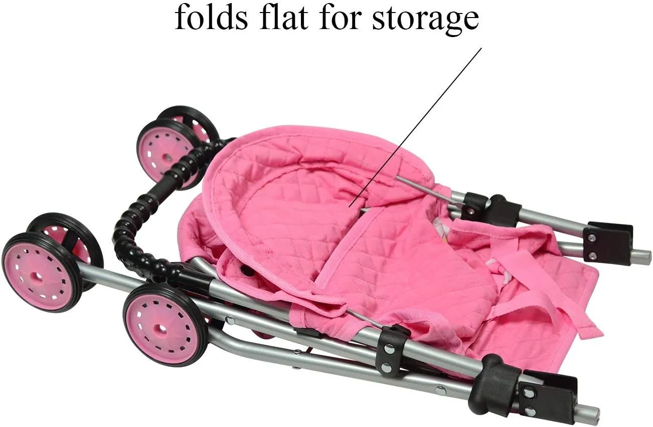 The New York Doll Collection My First Doll Stroller with Basket, Foldable Doll Stroller (Pink Quilted)