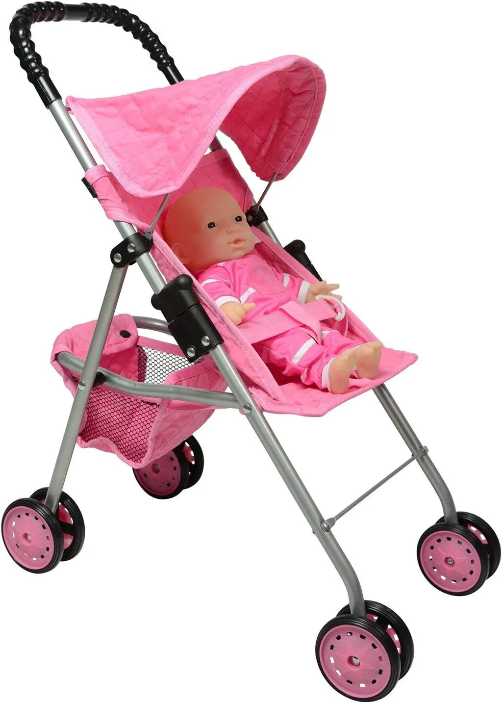 The New York Doll Collection My First Doll Stroller with Basket, Foldable Doll Stroller (Pink Quilted)
