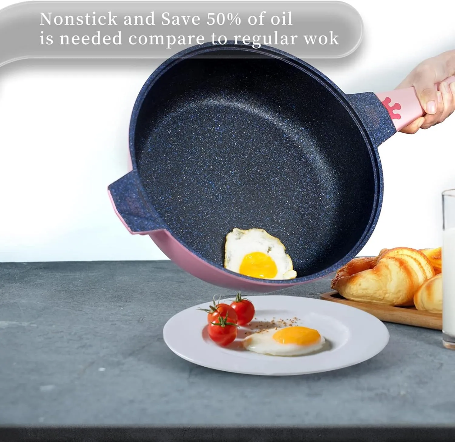 TIBORANG 8 in 1 Multipurpose 11 Inch 5 Quart Heat Indicator Nonstick Deep Frying Pan with Glass Lid, Stay-cool Handle, Steamed Grid, PFOA-Free,Dishwasher and Oven Safe,Works with All Stovetops (Pink)
