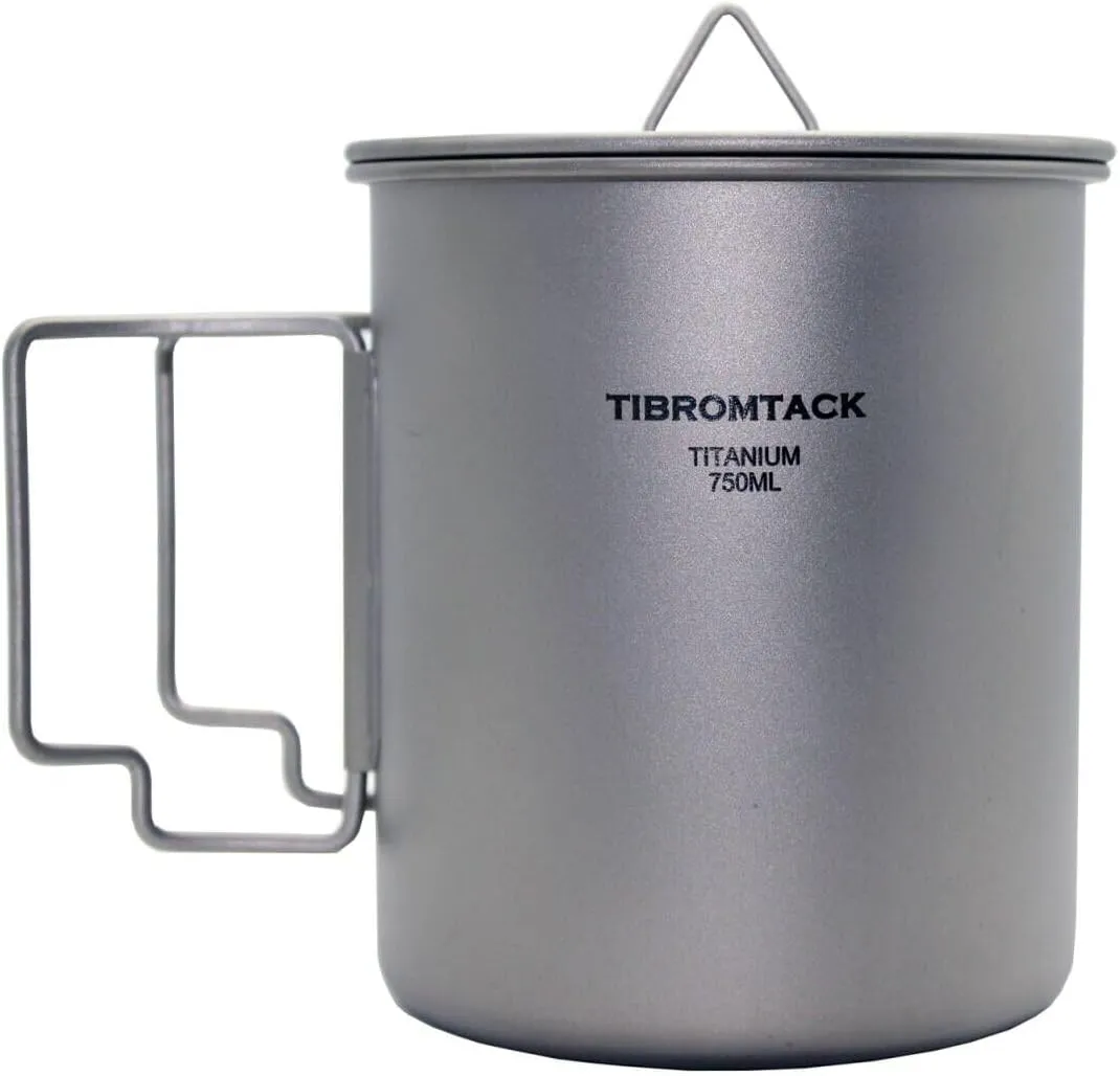 TIBROMTACK Camping Cup 750ml Titanium Coffee Mug with Lid, Ultralight Camping Pot with Foldable Handle for Backpacking Hiking Travel and Daily Use with Mesh Bag