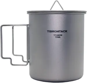 TIBROMTACK Camping Cup 750ml Titanium Coffee Mug with Lid, Ultralight Camping Pot with Foldable Handle for Backpacking Hiking Travel and Daily Use with Mesh Bag