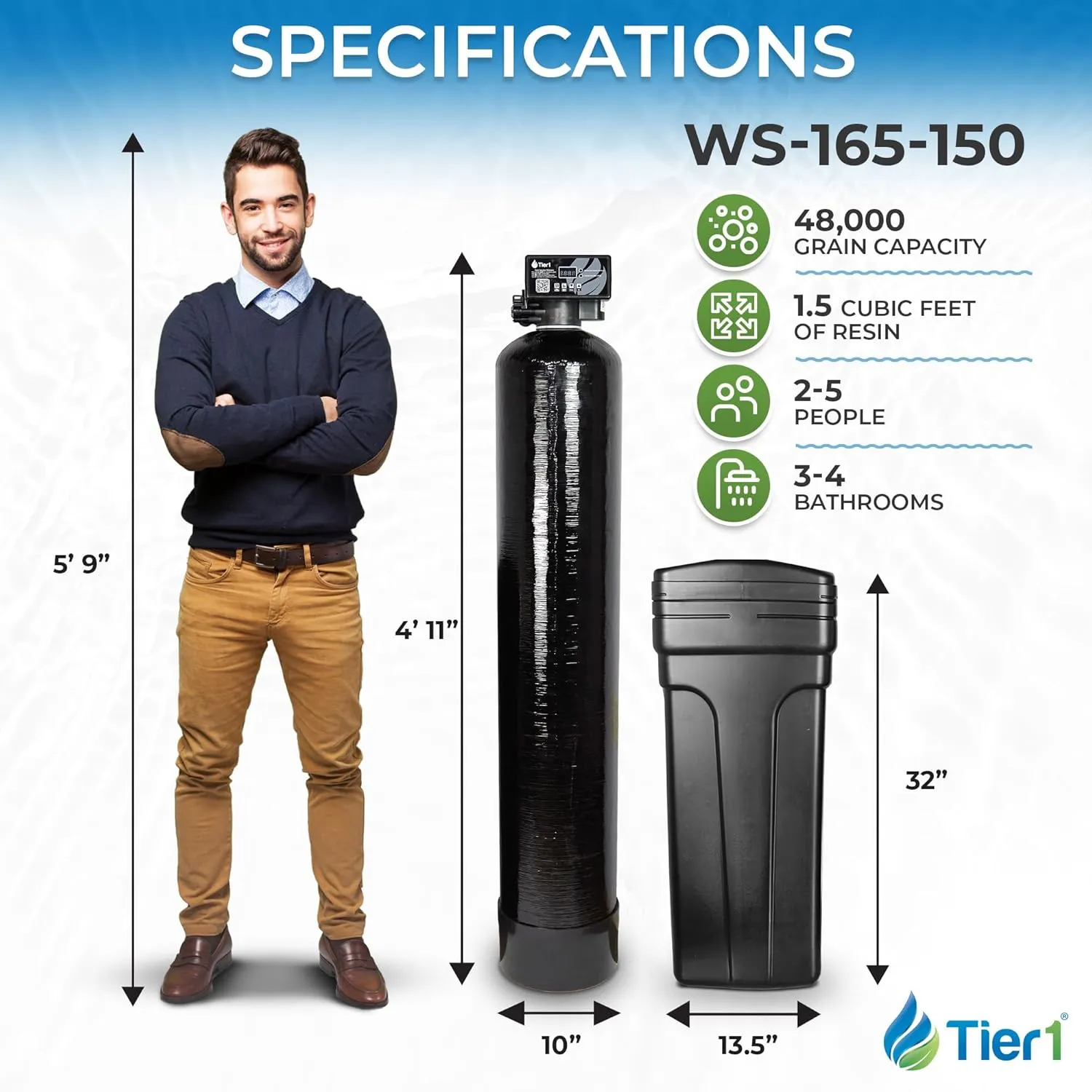 Tier1 Whole House Water Softener System 48,000 Grain High Efficiency With Sediment Pre-filter | Pre-filled mineral tank with 1.5 cubic feet of Cation Resin | Home Water Filtration System