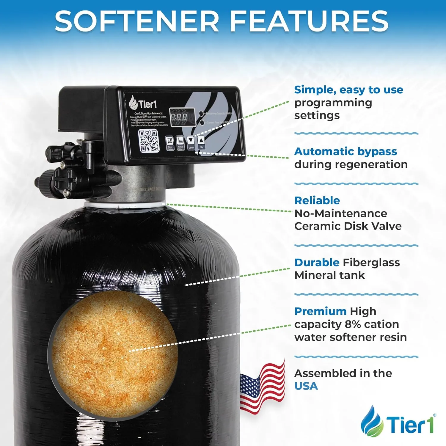 Tier1 Whole House Water Softener System Compact 32,000 Grain High Efficiency with Sediment Pre-Filter | Pre-Filled Mineral Tank with 1 Cubic Foot of Cation Resin | Home Water Filtration System