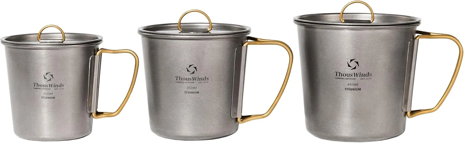 Titanium 250-450ml Camping Mugs Set, 3pcs with Lid & Foldable Handle