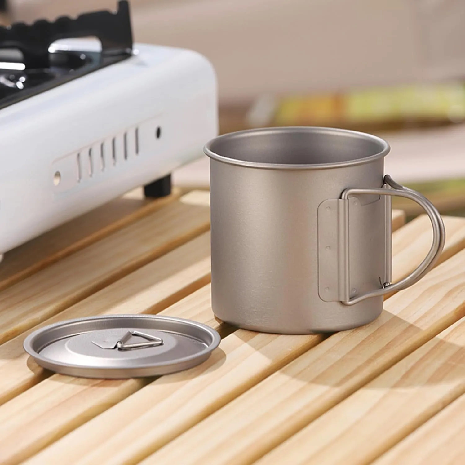 Titanium Camping Mug 400ml/13.5oz Lightweight Titanium Pot with Lid Foldable Handle Tea Cup Coffee for Outdoor Backpacking Hiking Traveling Picnic