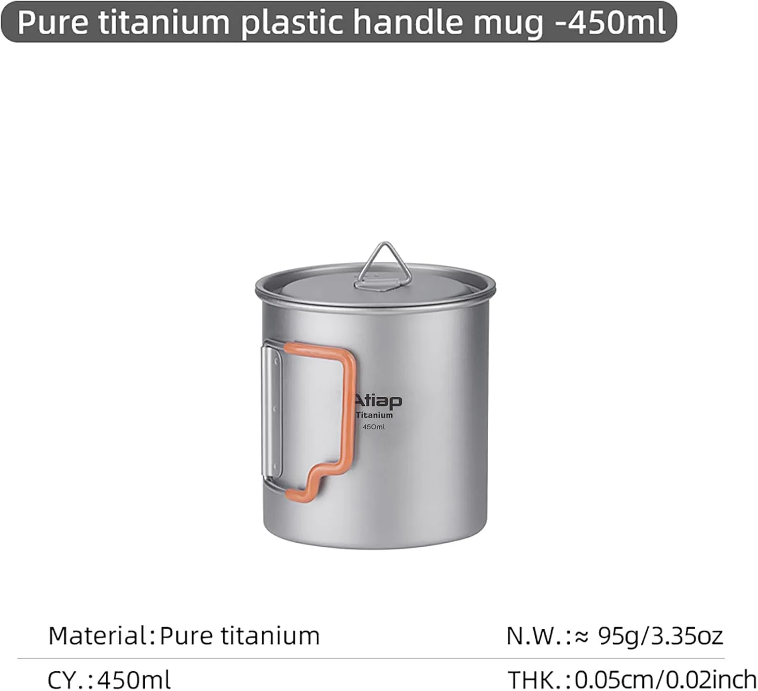 Titanium Cup Camping Pot Portable Cup Ultralight Coffee Mug Water Cup with Lid and Plastic Foldable Handle Portable Lightweight For Outdoor Camping Hiking Backpacking (750ml)