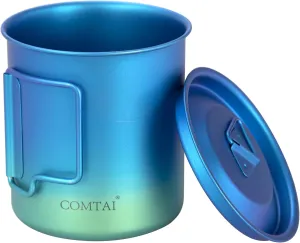 Titanium Pot, 420ml/15 oz Mug with Lid and Foldable Handle, Outdoor Titanium Cup for Hiking Camping Cooking-Blue