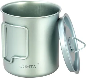 Titanium Pot, 420ml/15 oz Mug with Lid and Foldable Handle, Outdoor Titanium Cup for Hiking Camping Cooking-Cyan