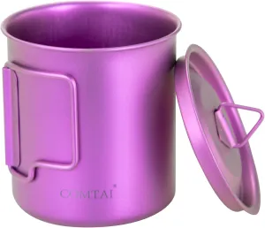 Titanium Pot, 420ml/15 oz Mug with Lid and Foldable Handle, Outdoor Titanium Cup for Hiking Camping Cooking-Purple