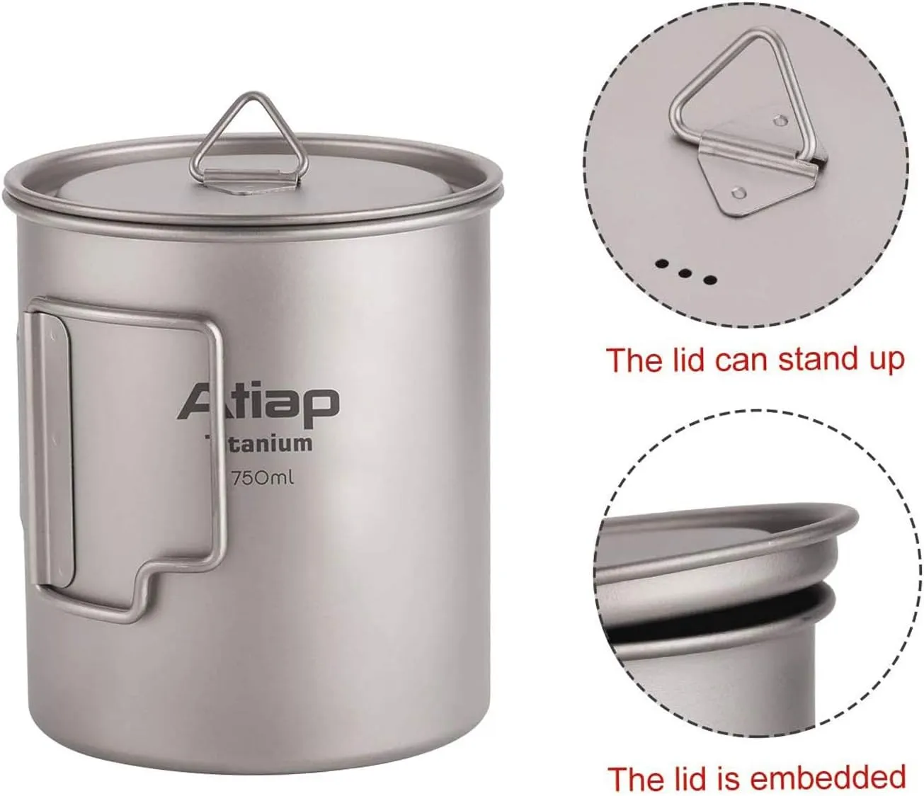 Titanium Pot 750ml Backpacking Pot Camping Coffee Pot Camp Mug Camping Pot with Lid Foldable Handle Portable Lightweight