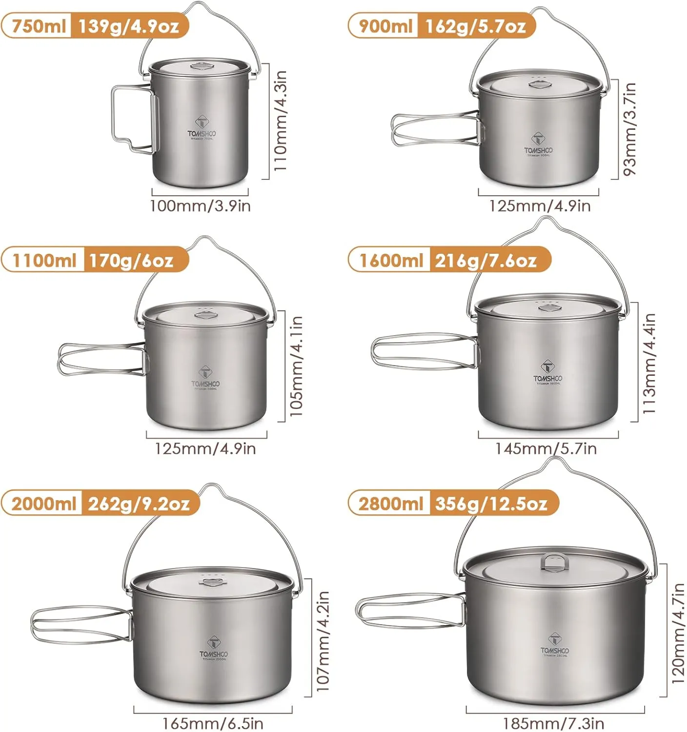 Titanium Pot 750ml/900ml/1100ml/1600ml/2000ml/2800ml Ultralight Hanging Pot with Lid and Foldable Handle Outdoor Camping Backpacking Cooking Picnic