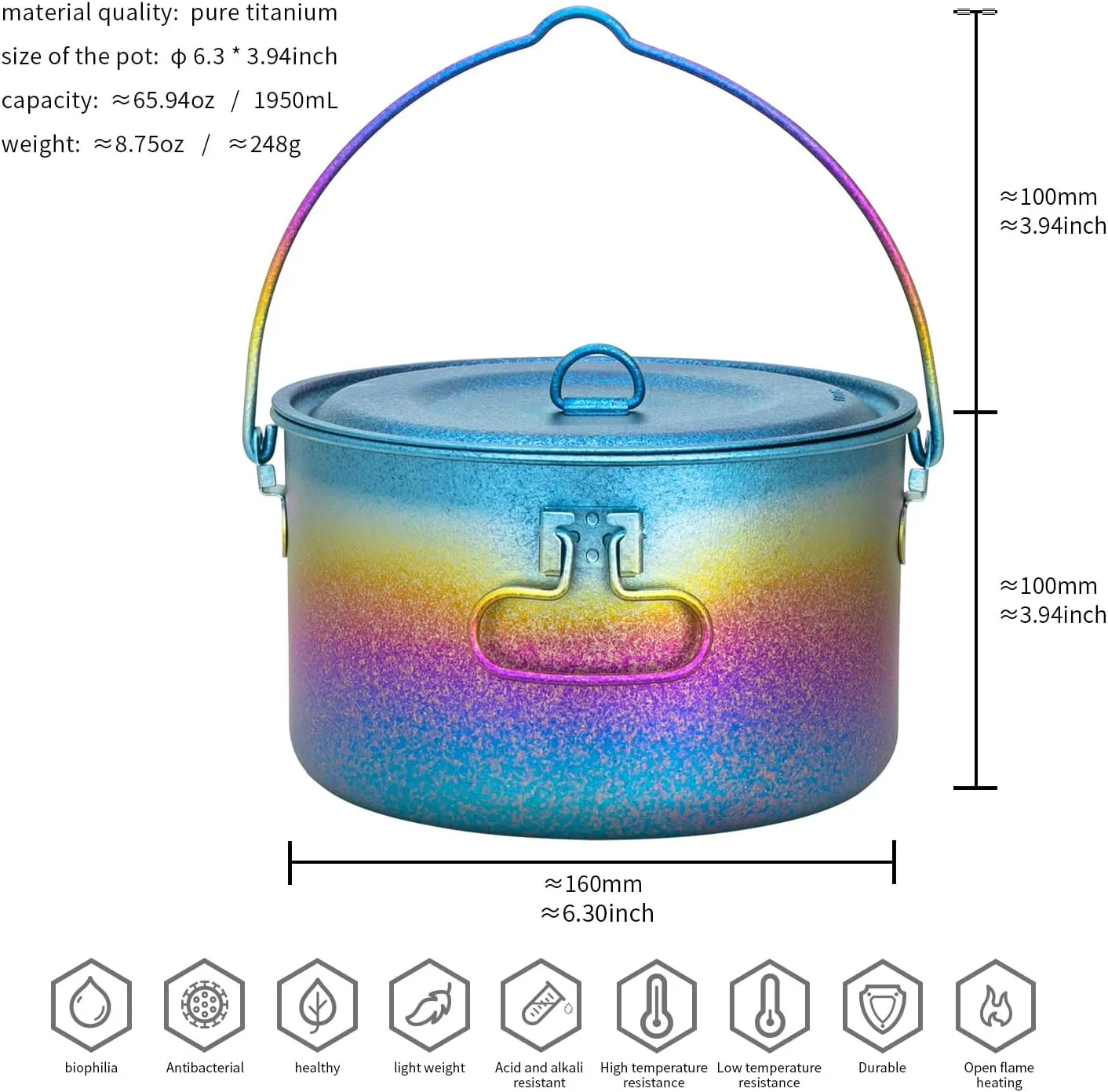 TiTo Titanium 1950ml Outdoor Titanium Pot with Lid Folding Bail Handle Ultralight Portable Kitchen Cookware Hanging ​Pot for Camping Hiking Picnic Backpacking Soup Pot