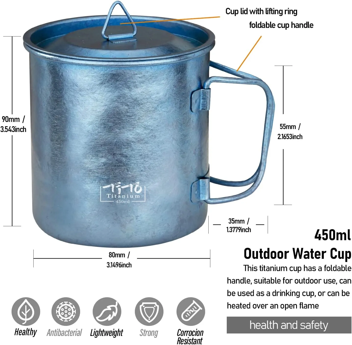 TiTo Titanium Cup Titanium Pot with Lid Ultralight Portable 450ml Foldable Handle Camping Tea Coffee Water Mug for Outdoor Backpacking Hiking Picnic Drinkware with Mesh Sack (Blue)