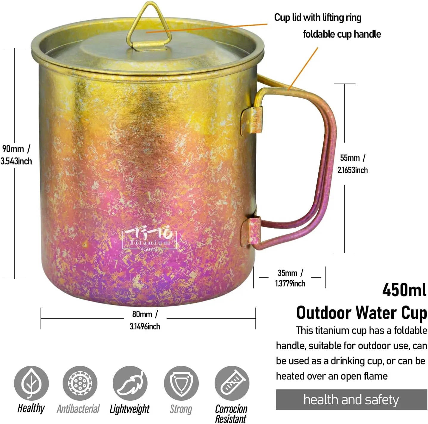 TiTo Titanium Cup Titanium Pot with Lid Ultralight Portable 450ml Foldable Handle Camping Tea Coffee Water Mug for Outdoor Backpacking Hiking Picnic Drinkware with Mesh Sack (Colorful)
