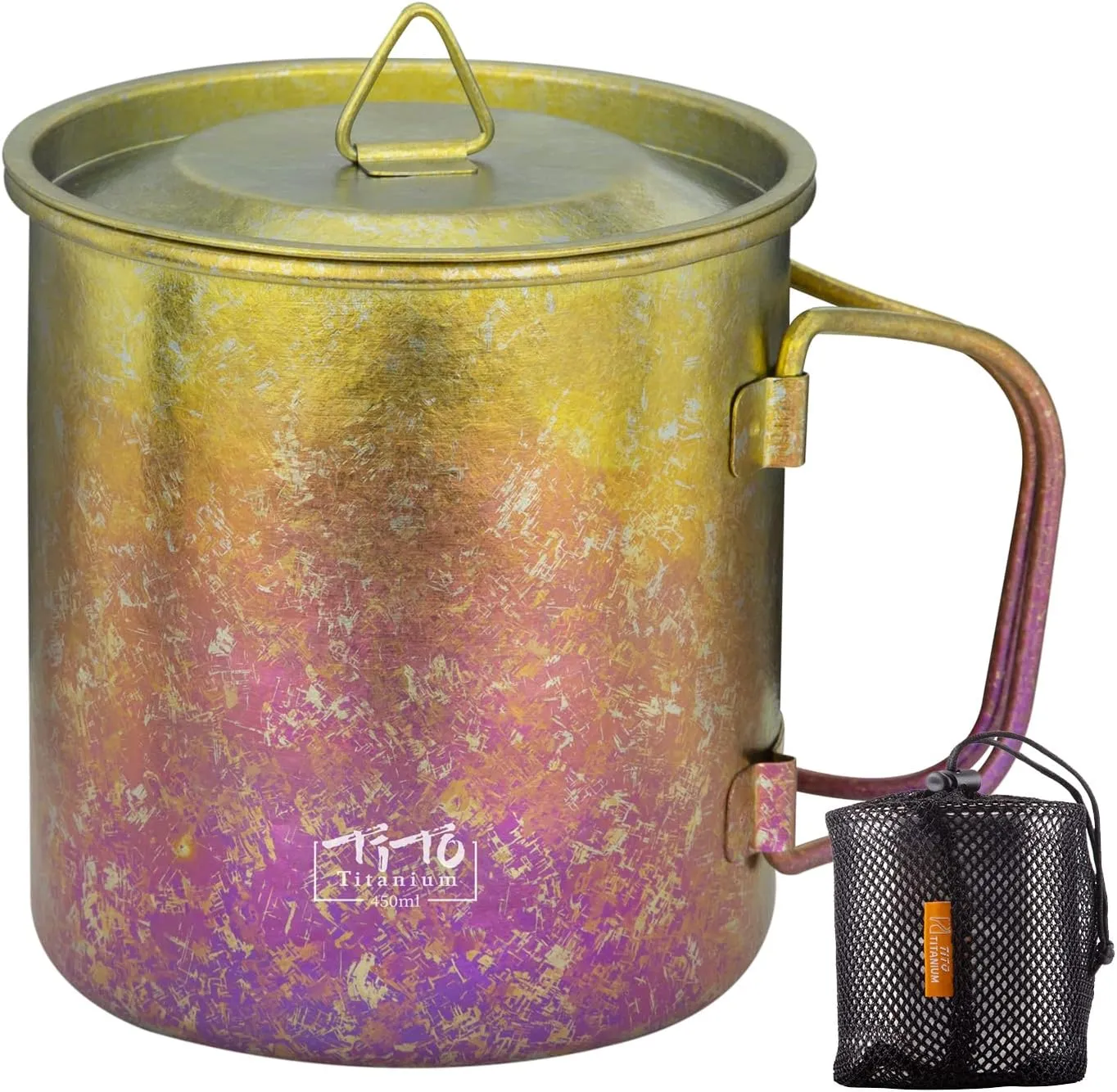 TiTo Titanium Cup Titanium Pot with Lid Ultralight Portable 450ml Foldable Handle Camping Tea Coffee Water Mug for Outdoor Backpacking Hiking Picnic Drinkware with Mesh Sack (Colorful)