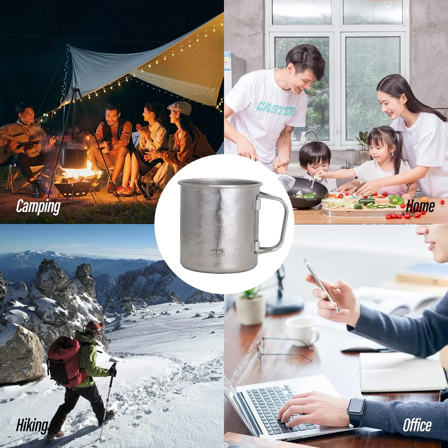 TiTo Titanium Cup Titanium Pot with Lid Ultralight Portable 450ml Foldable Handle Camping Tea Coffee Water Mug for Outdoor Backpacking Hiking Picnic Drinkware with Mesh Sack (Colorful)