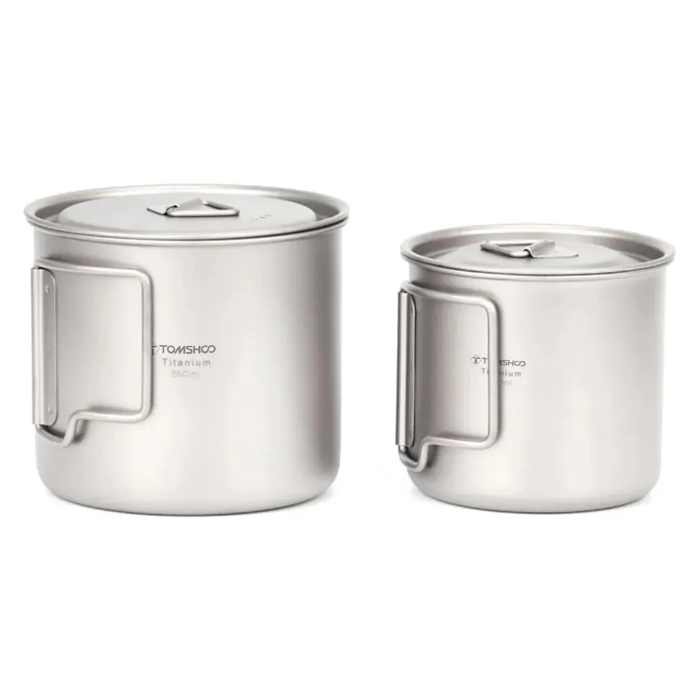 TOMSHOO Ultralight Titanium Cup Set – 2-Piece 450ml & 750ml Camping Mugs with Foldable Handles