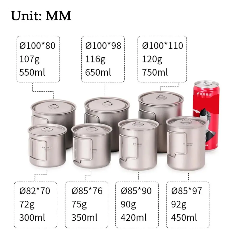 TOMSHOO Ultralight Titanium Cup Set – 2-Piece 450ml & 750ml Camping Mugs with Foldable Handles