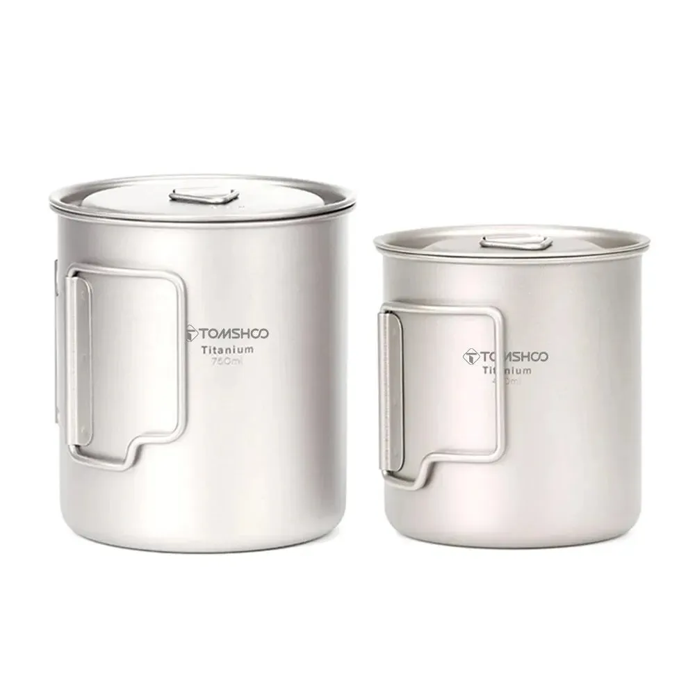 TOMSHOO Ultralight Titanium Cup Set – 2-Piece 450ml & 750ml Camping Mugs with Foldable Handles