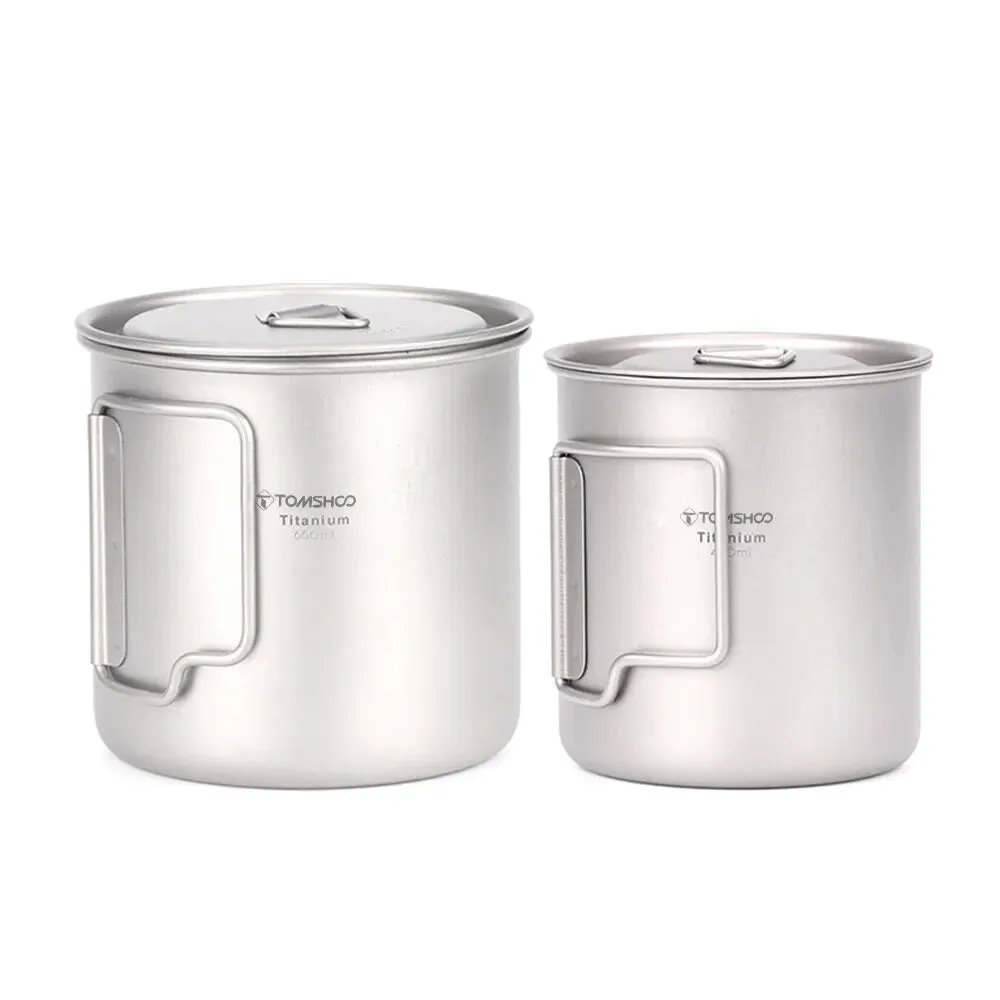 TOMSHOO Ultralight Titanium Cup Set – 2-Piece 450ml & 750ml Camping Mugs with Foldable Handles