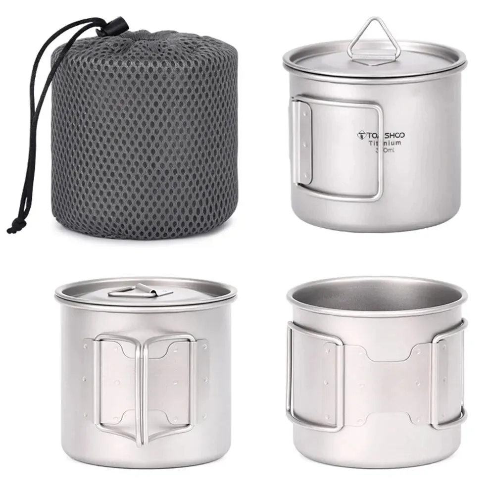 TOMSHOO Ultralight Titanium Cup Set – 2-Piece 450ml & 750ml Camping Mugs with Foldable Handles
