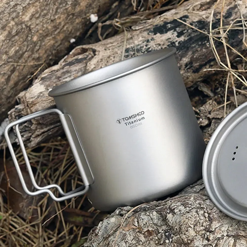 TOMSHOO Ultralight Titanium Cup Set – 2-Piece 450ml & 750ml Camping Mugs with Foldable Handles