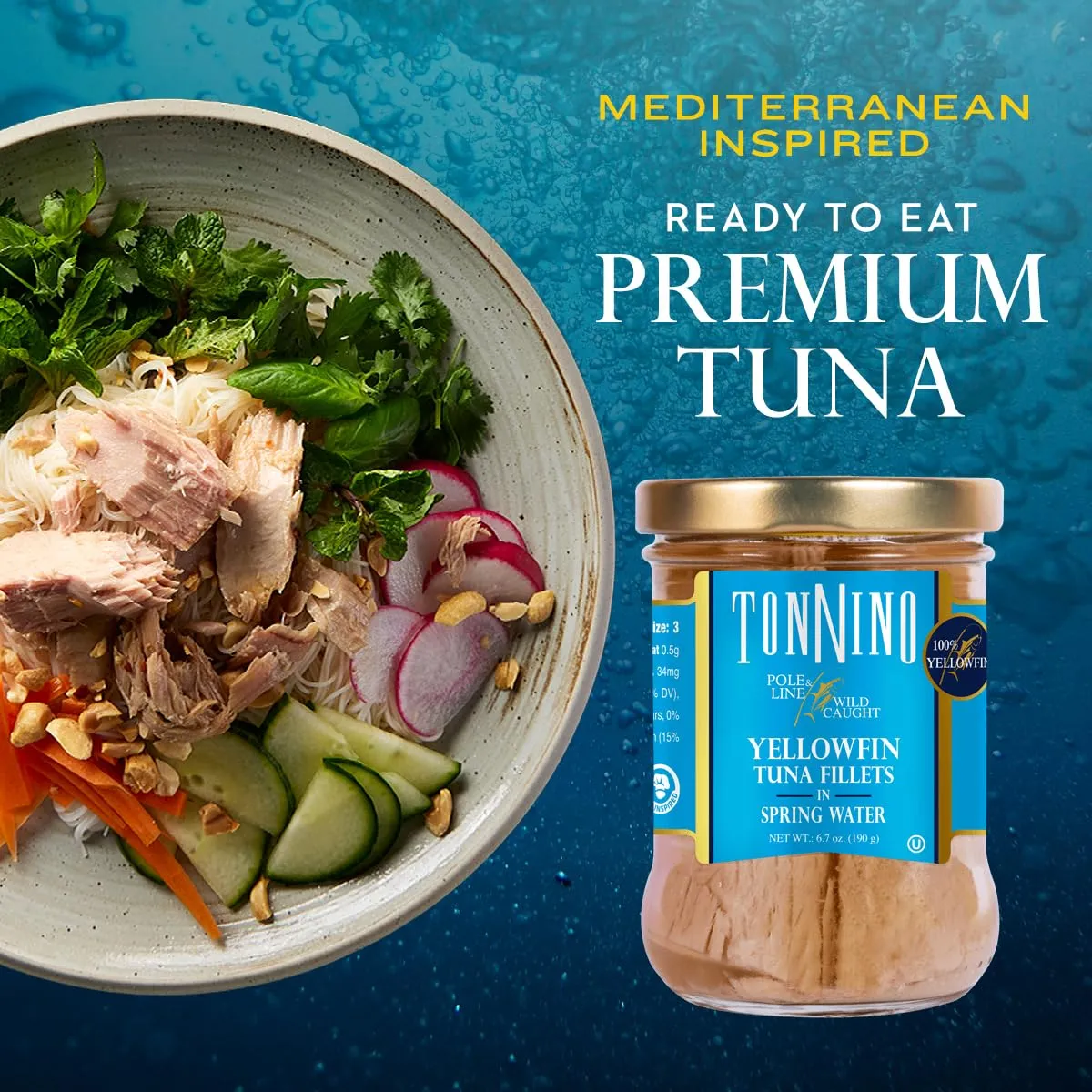 Tonnino Tuna Fish Yellowfin Pole&Line - Spring Water – Pack of 6 – Alternative to Salmon – Protein Snacks – Ready to Eat Meals