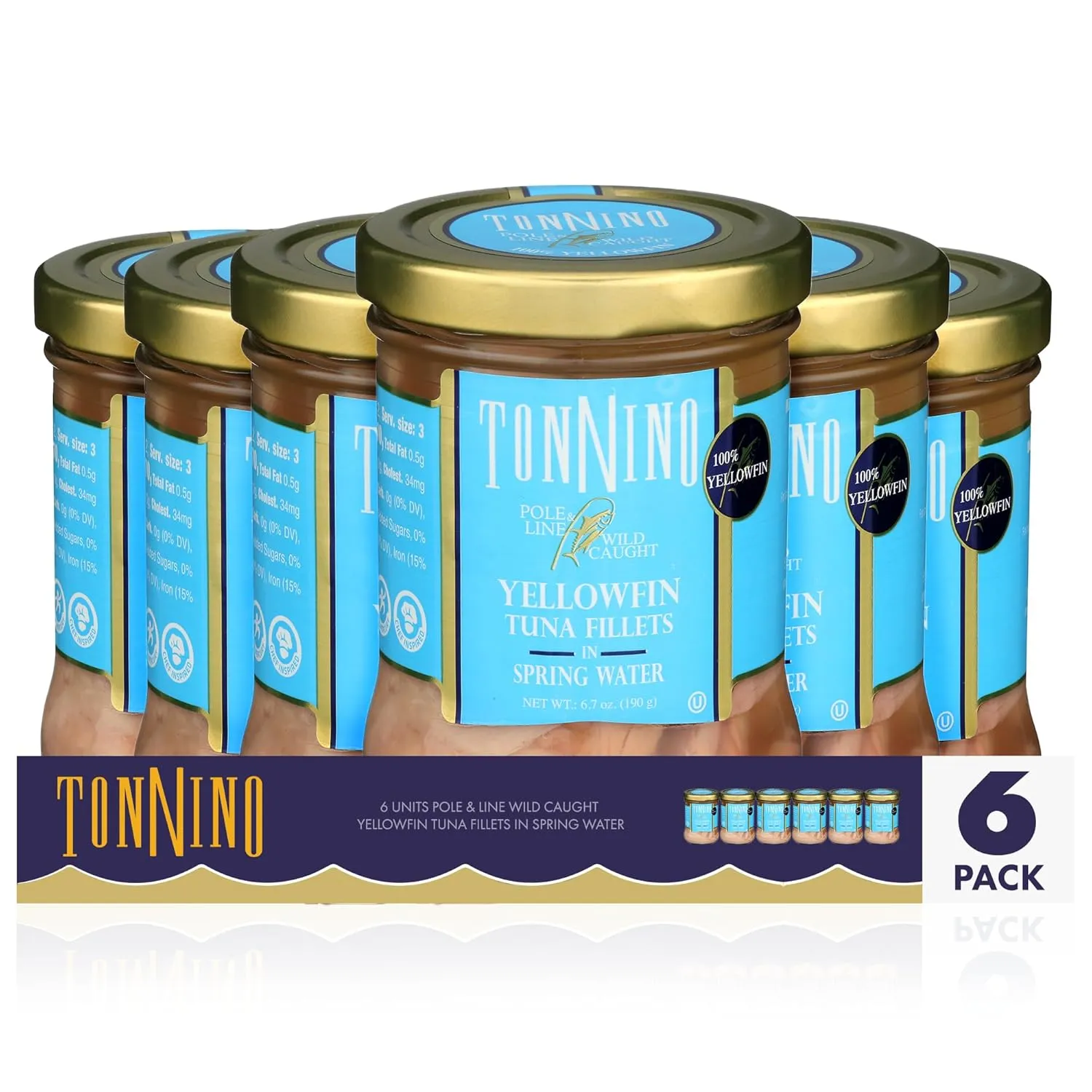 Tonnino Tuna Fish Yellowfin Pole&Line - Spring Water – Pack of 6 – Alternative to Salmon – Protein Snacks – Ready to Eat Meals