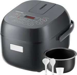 TOSHIBA Rice Cooker Small 3-Cup Uncooked– LCD Display with 8 Cooking Functions: Rice, Oatmeal, Mixed Grains and More, NonStick Inner Pot, Grey