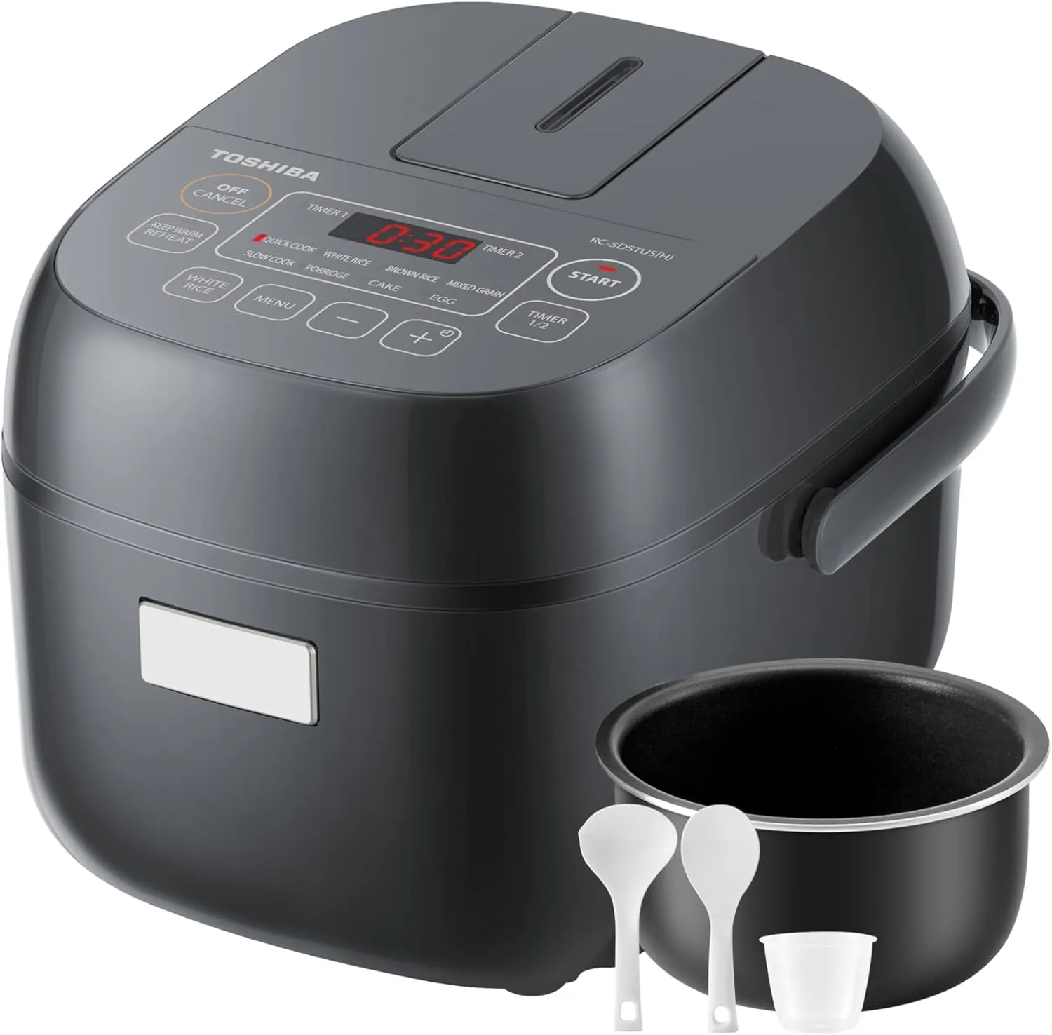 TOSHIBA Rice Cooker Small 3-Cup Uncooked– LCD Display with 8 Cooking Functions: Rice, Oatmeal, Mixed Grains and More, NonStick Inner Pot, Grey