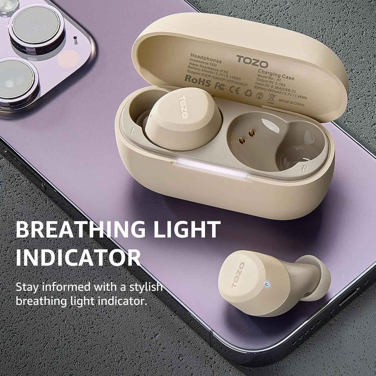 TOZO A1 Wireless Earbuds Bluetooth 5.3 Light Weight in Ear IPX5 Waterproof Headphones 2 Mic for AI Calls, Immersive Premium Sound Bass Headset with Charging Case, 32 Presets EQ Customization via App