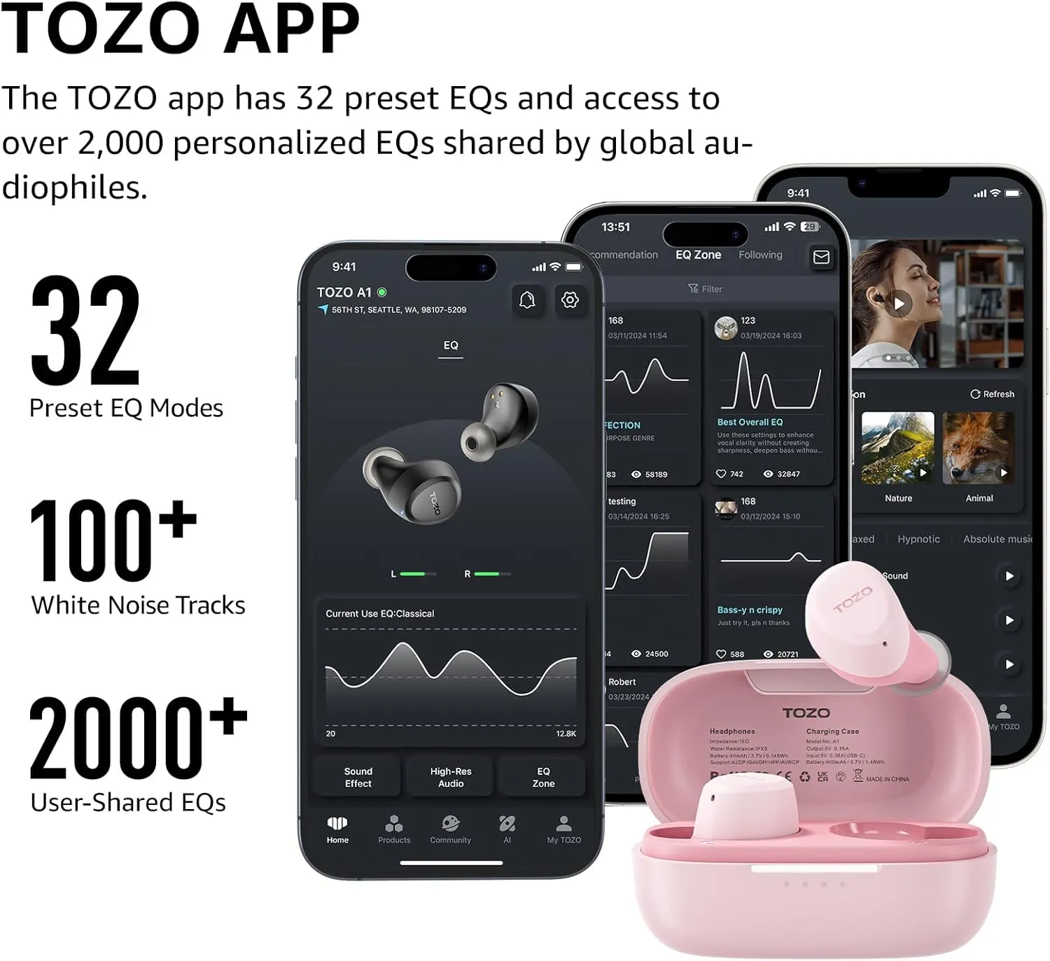TOZO A1 Wireless Earbuds Bluetooth 5.3 Light Weight in Ear IPX5 Waterproof Headphones 2 Mic for AI Calls, Immersive Premium Sound Bass Headset with Charging Case, 32 Presets EQ Customization via App