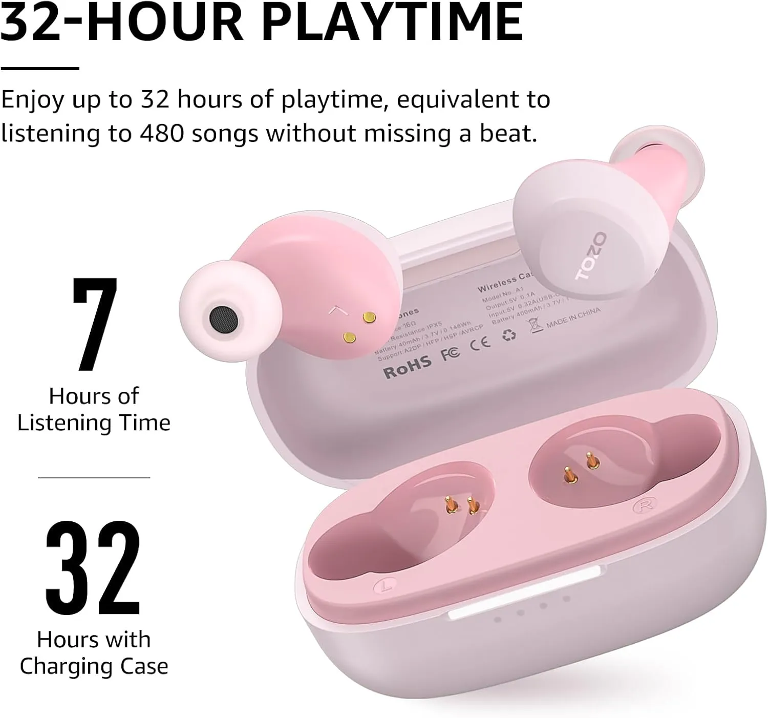 TOZO A1 Wireless Earbuds Bluetooth 5.3 Light Weight in Ear IPX5 Waterproof Headphones 2 Mic for AI Calls, Immersive Premium Sound Bass Headset with Charging Case, 32 Presets EQ Customization via App