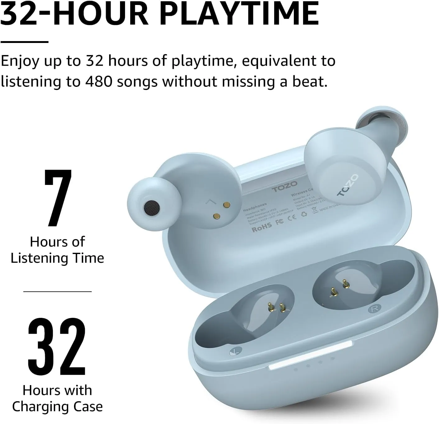 TOZO A1 Wireless Earbuds Bluetooth 5.3 Light Weight in Ear IPX5 Waterproof Headphones 2 Mic for AI Calls, Immersive Premium Sound Bass Headset with Charging Case, 32 Presets EQ Customization via App