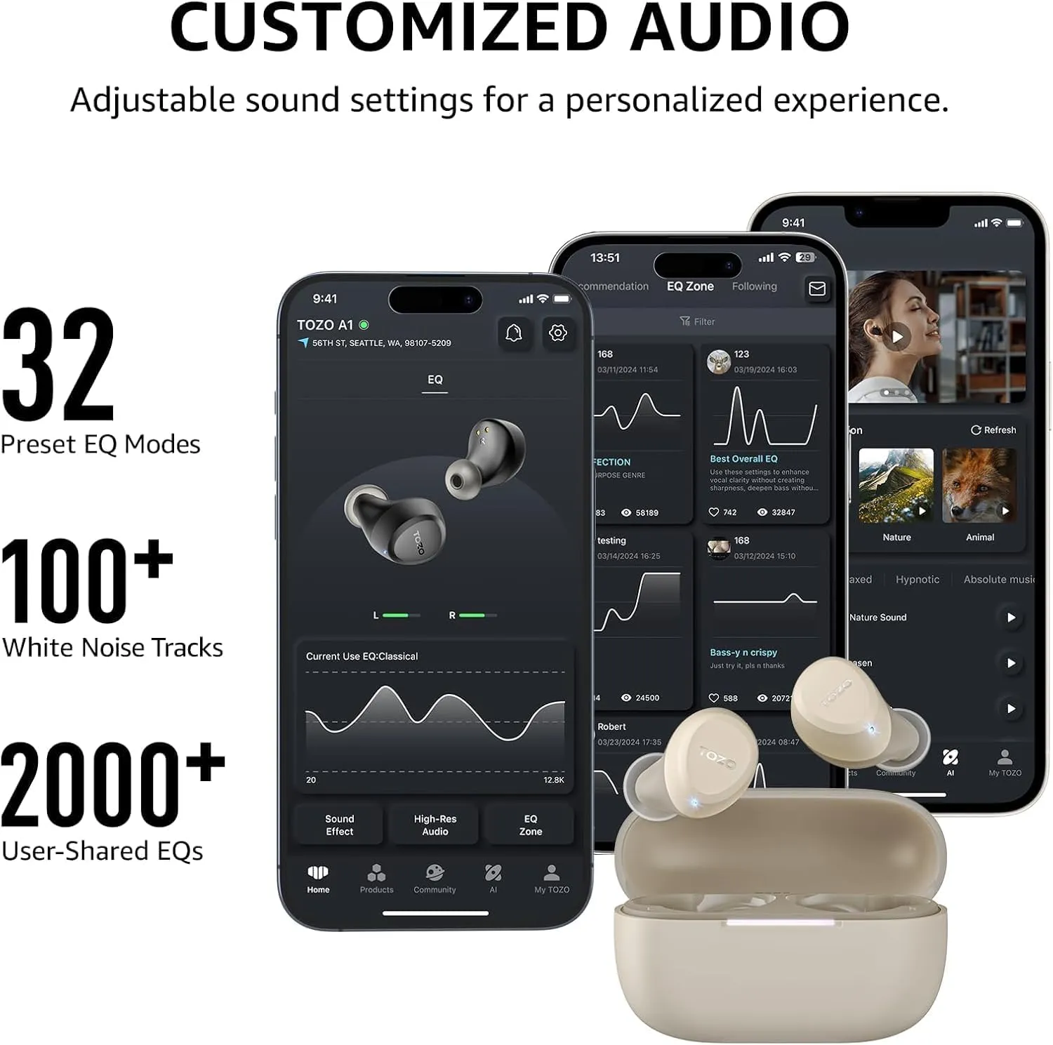 TOZO A1 Wireless Earbuds Bluetooth 5.3 Light Weight in Ear IPX5 Waterproof Headphones 2 Mic for AI Calls, Immersive Premium Sound Bass Headset with Charging Case, 32 Presets EQ Customization via App