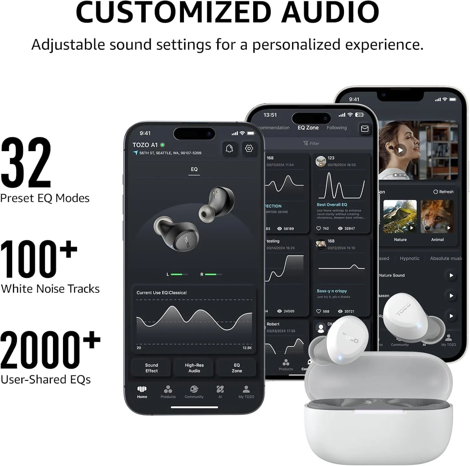 TOZO A1 Wireless Earbuds Bluetooth 5.3 Light Weight in Ear IPX5 Waterproof Headphones 2 Mic for AI Calls, Immersive Premium Sound Bass Headset with Charging Case, 32 Presets EQ Customization via App
