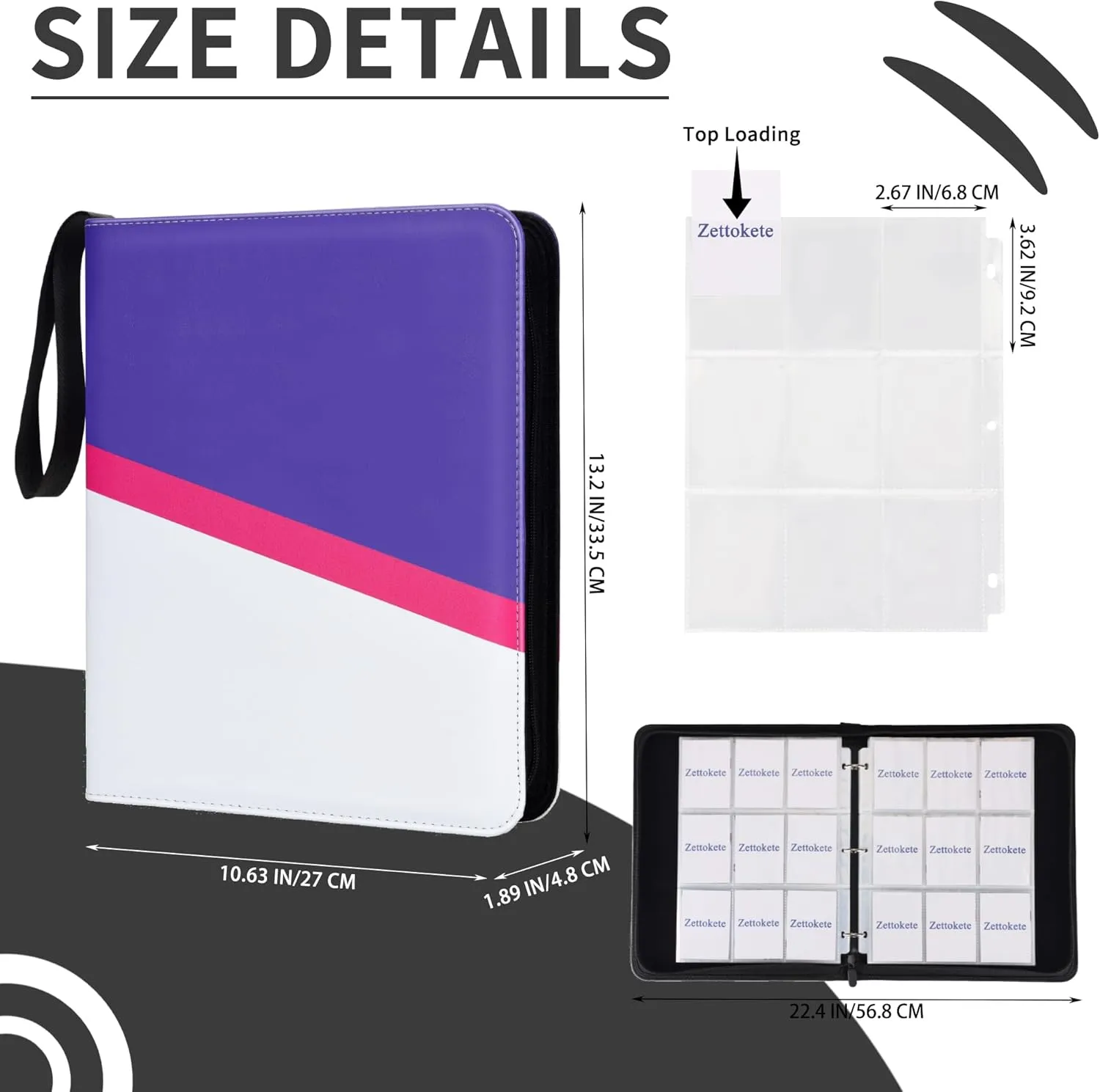 Trading Card Binder 9 Pocket with 50 Removable Sleeves, 900 Pockets Card Collection Binder for TCG Cards Collector, Purple & White