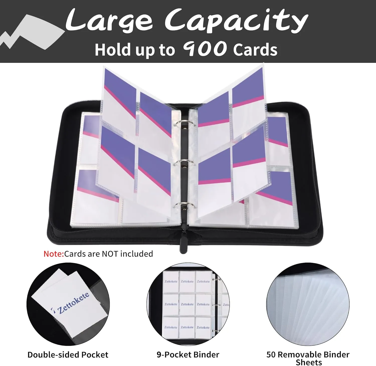 Trading Card Binder 9 Pocket with 50 Removable Sleeves, 900 Pockets Card Collection Binder for TCG Cards Collector, Purple & White