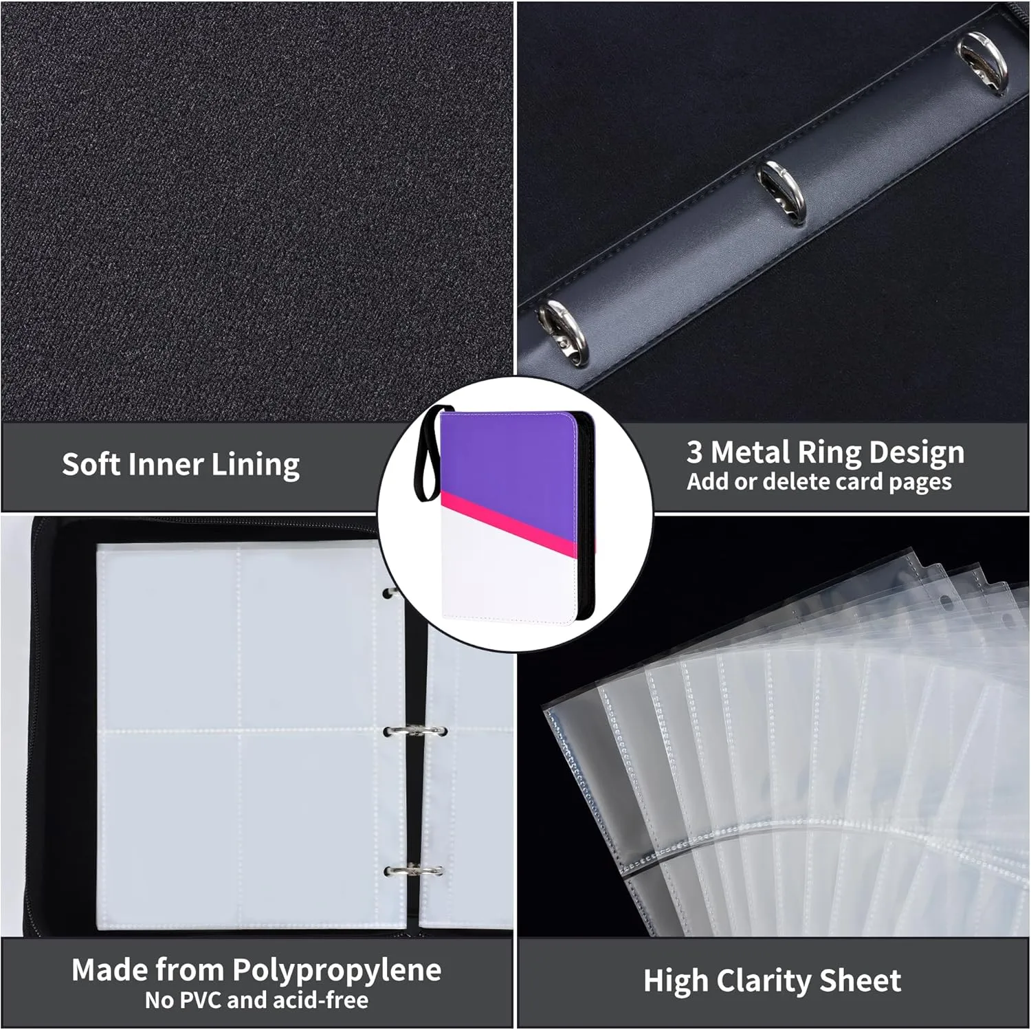 Trading Card Binder 9 Pocket with 50 Removable Sleeves, 900 Pockets Card Collection Binder for TCG Cards Collector, Purple & White